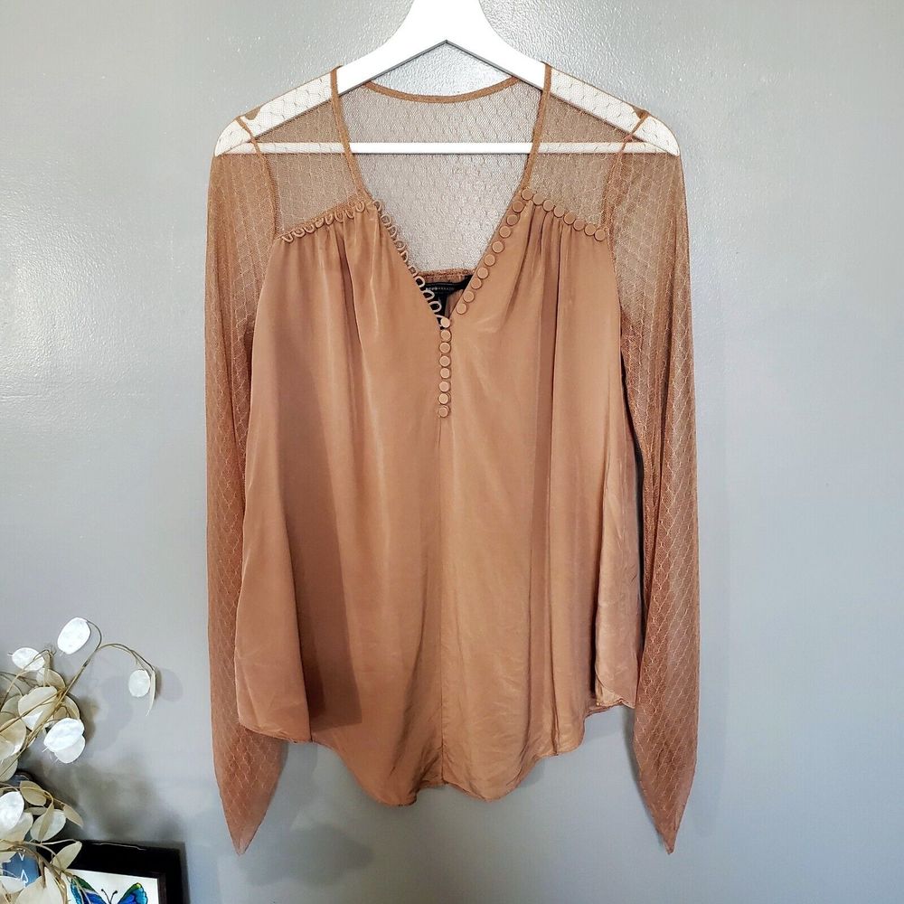 BCBGMaxAzria Silk Top Womens Size Small Brown Nubuck Button Detail Lace Sleeves